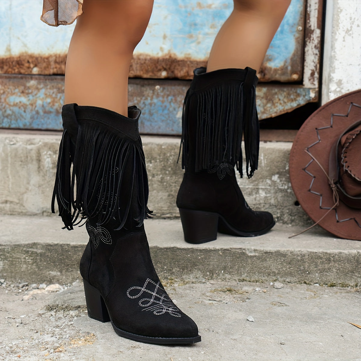 Women's Western Cowboy Boots with Fringe Butterfly Embroidery Pointed Toe