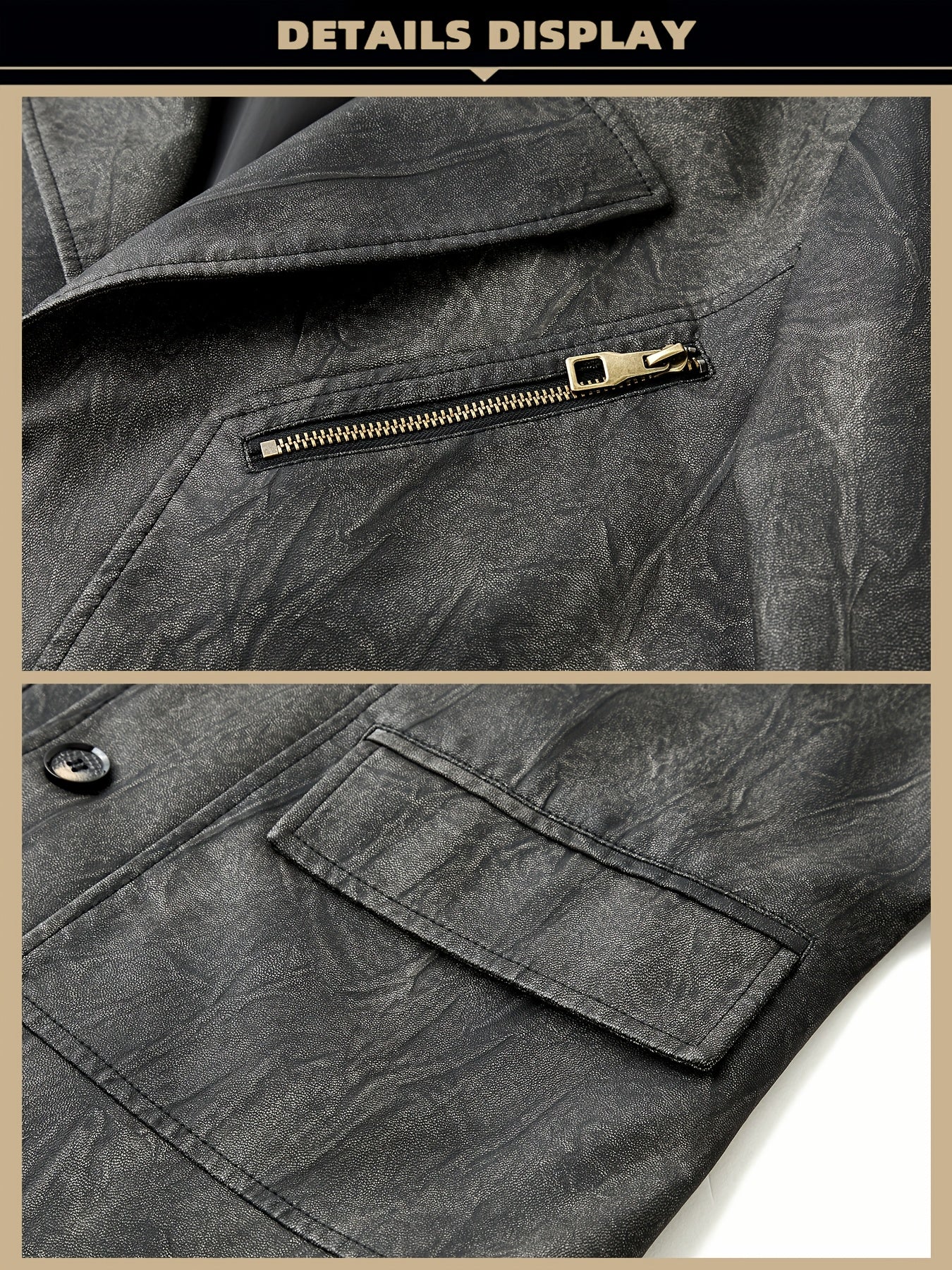 Erkaklar uchun notched yaka, 3 tugma, retro mototsikl imitatsiya sun'iy charm kostyumlar, sun'iy charm kurtkalar, biznes tasodifiy eskirgan katta yaka kostyum kurtkalari, erkaklar partiyasi