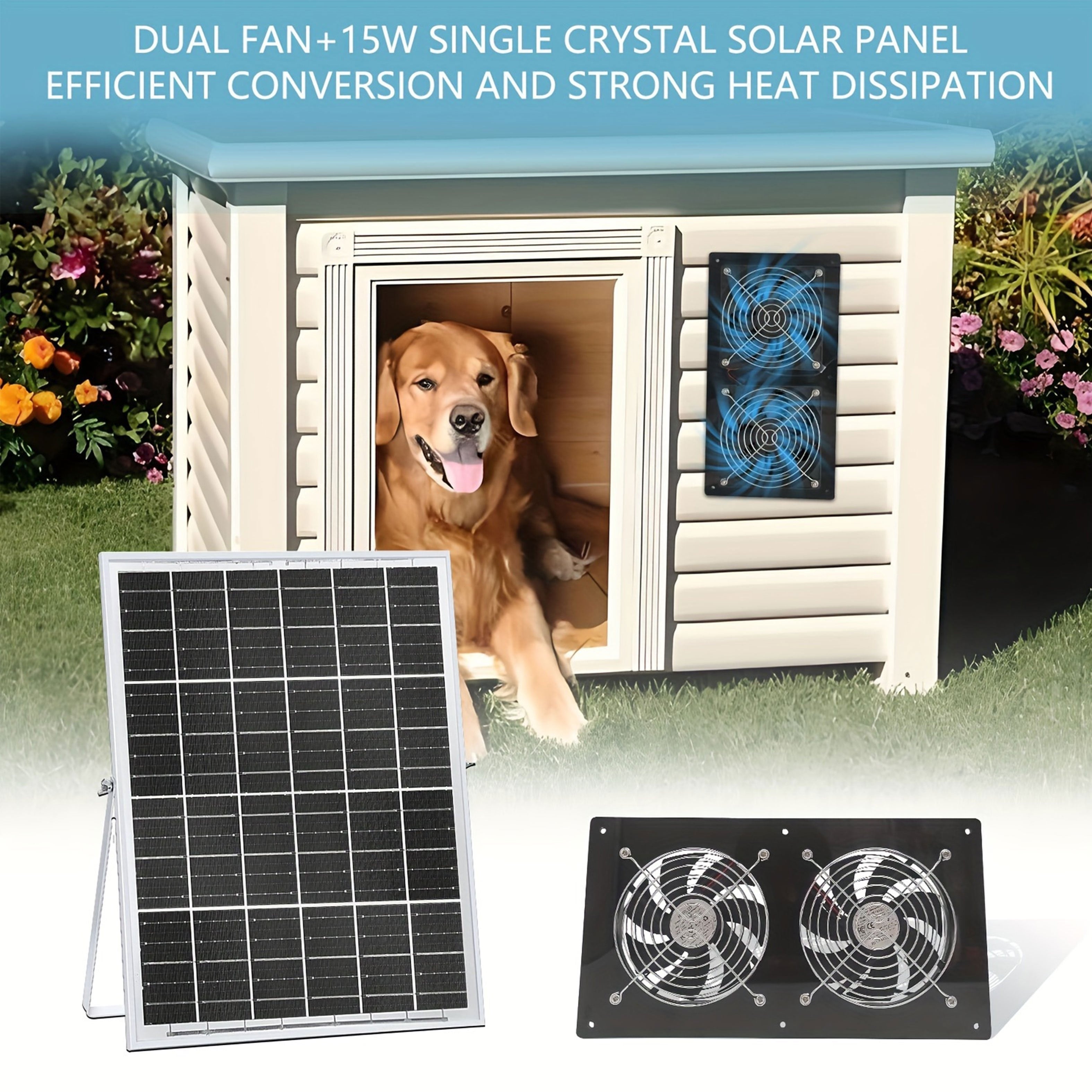 Panel solar de 15W con 2 ventiladores de escape de alta velocidad para áticos, cobertizos, caravanas y gallineros