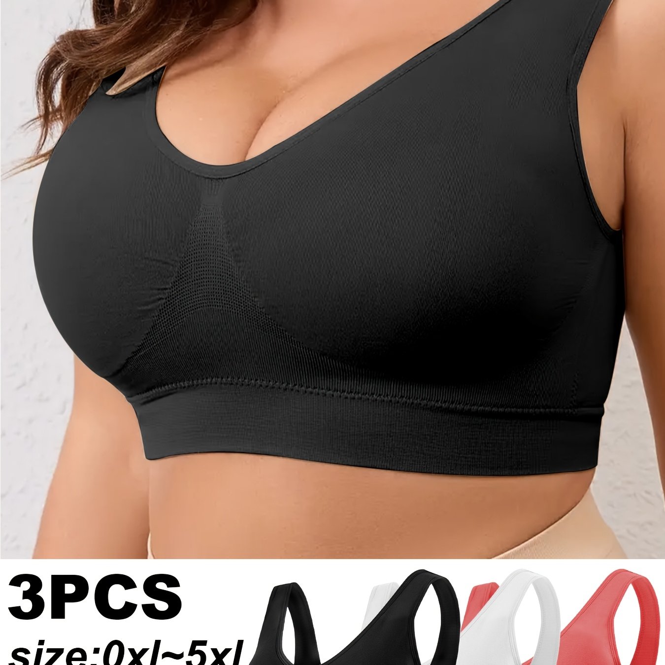 Plus-Size Wireless Sports Bras High-Impact Seamless Push-Up Nylon Elastane Black White Red