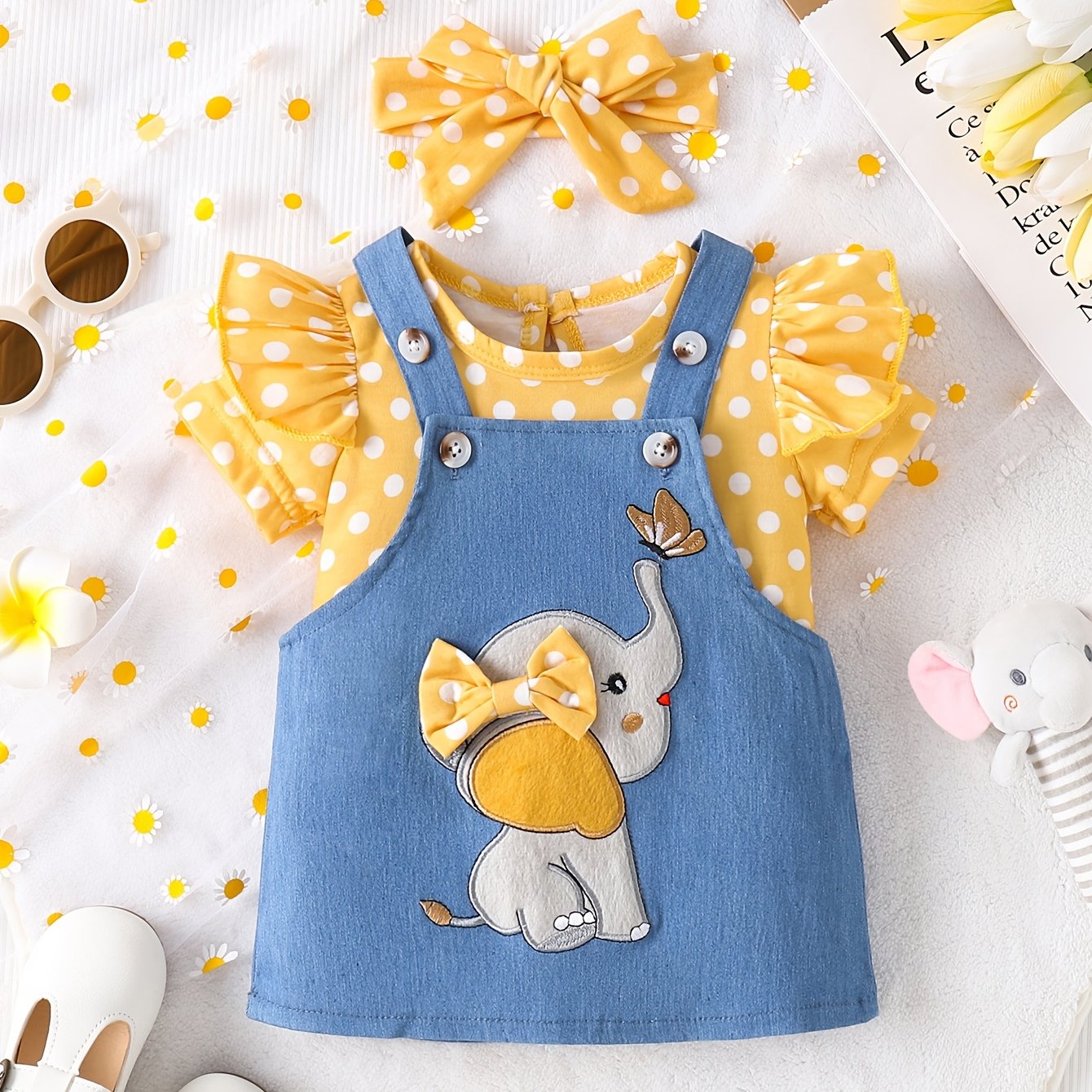 Комплект для девочек: комбинезон и юбка с рисунком слона в розовом и синем, мягкая вязаная ткань, пригодна для машинной стирки