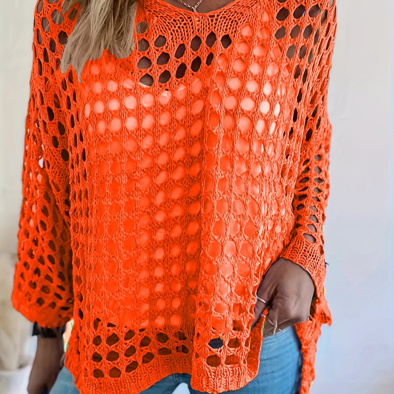 Plus o'lcham ayollar uchun kroşe tığ işi qovg‘a ustki uzun qolli V-shakl bo'yinli yashil