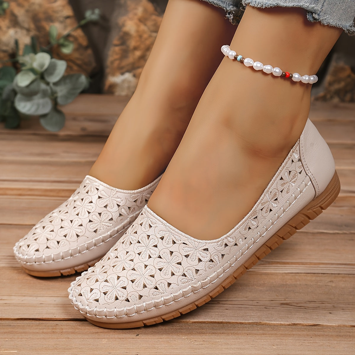 Women's White Cut-Out Slip-On Flats Synthetic Casual Shoes TPR Sole