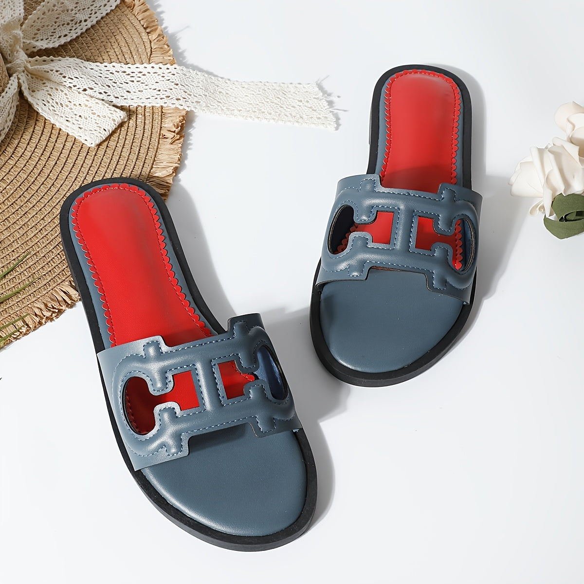 Women's Summer Slip-On Slippers Black PU Open-Toe Flat Casual