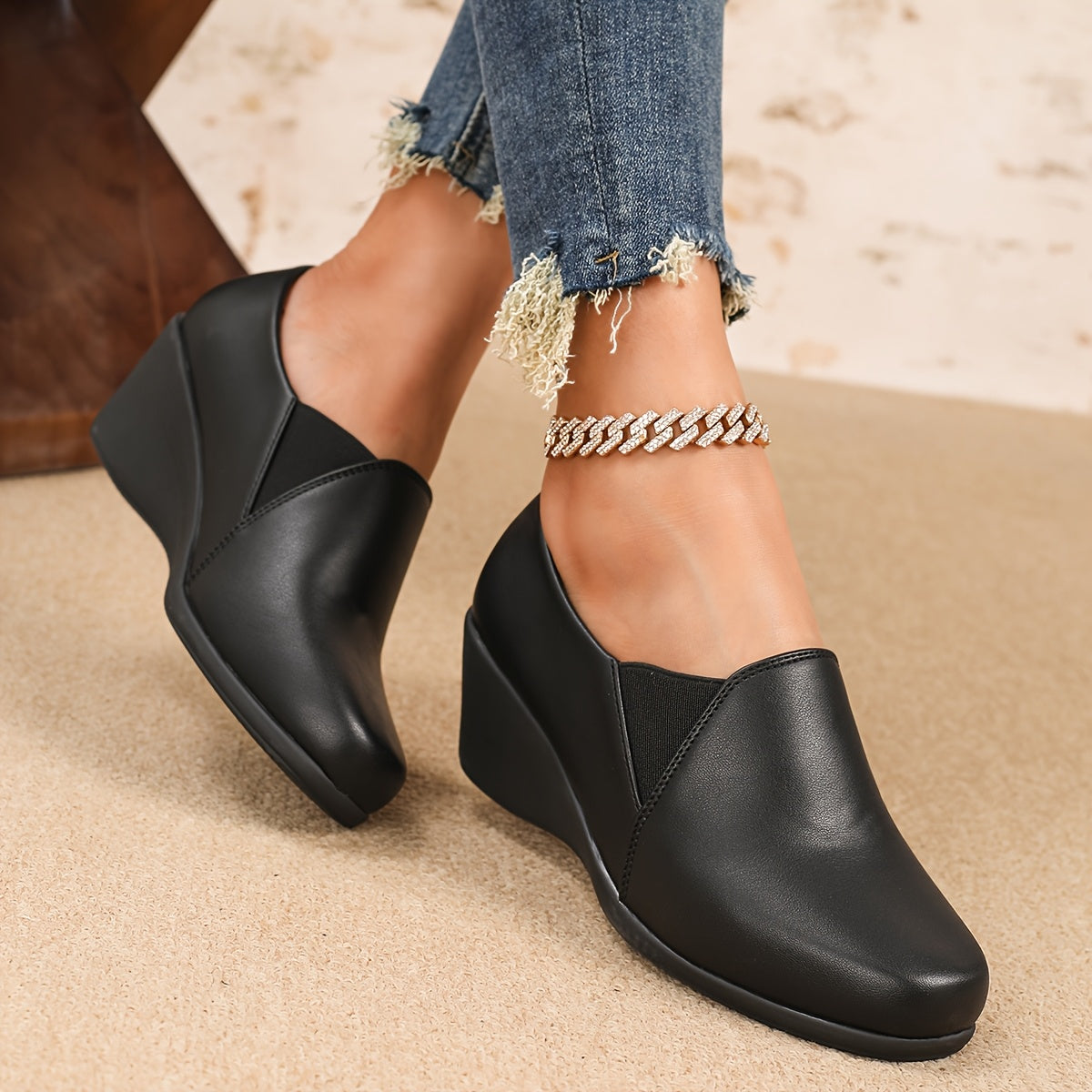 Women's Slip-On Wedge Shoes Black Synthetic Casual Work Comfort