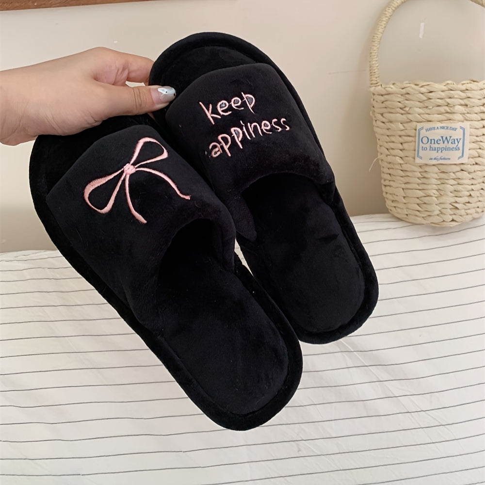 Women's Winter Slip-On Slippers Soft Fabric Indoor House Shoes in Black and Beige