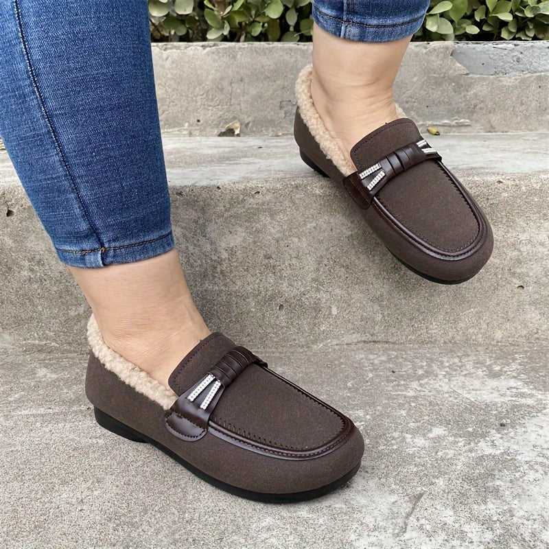 Women's Plush-Lined Loafers Cozy Slip-On Flats Dark Brown