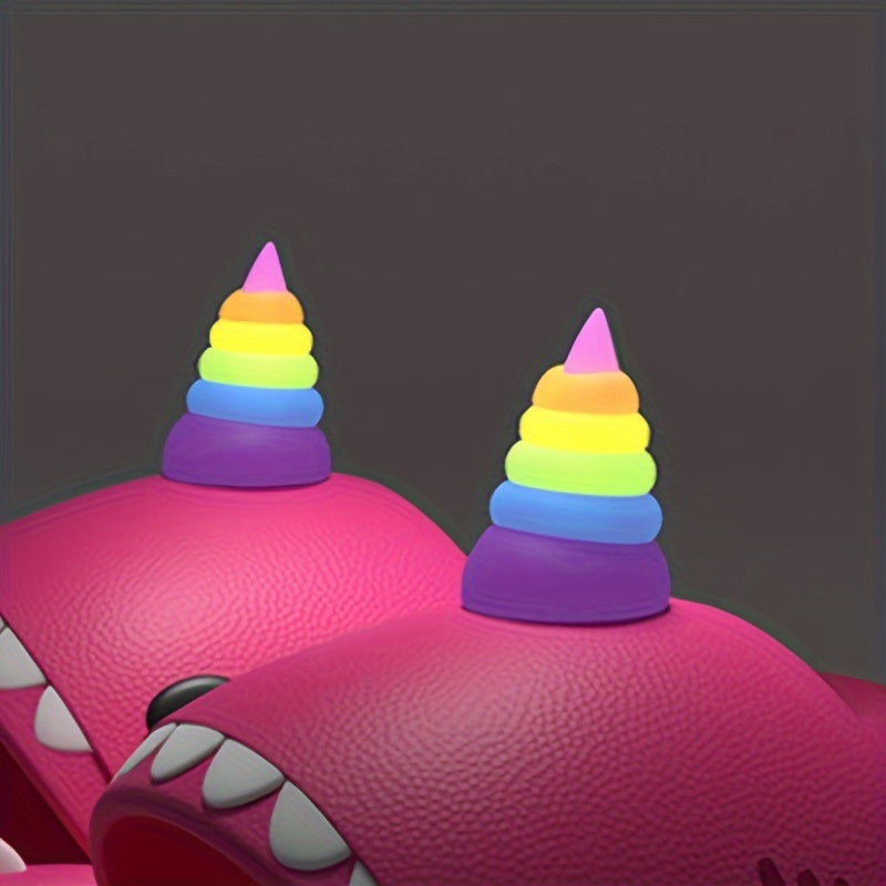 Glow-in-the-Dark Shark Slippers for Adults with Neon Rainbow Tail and Horn
