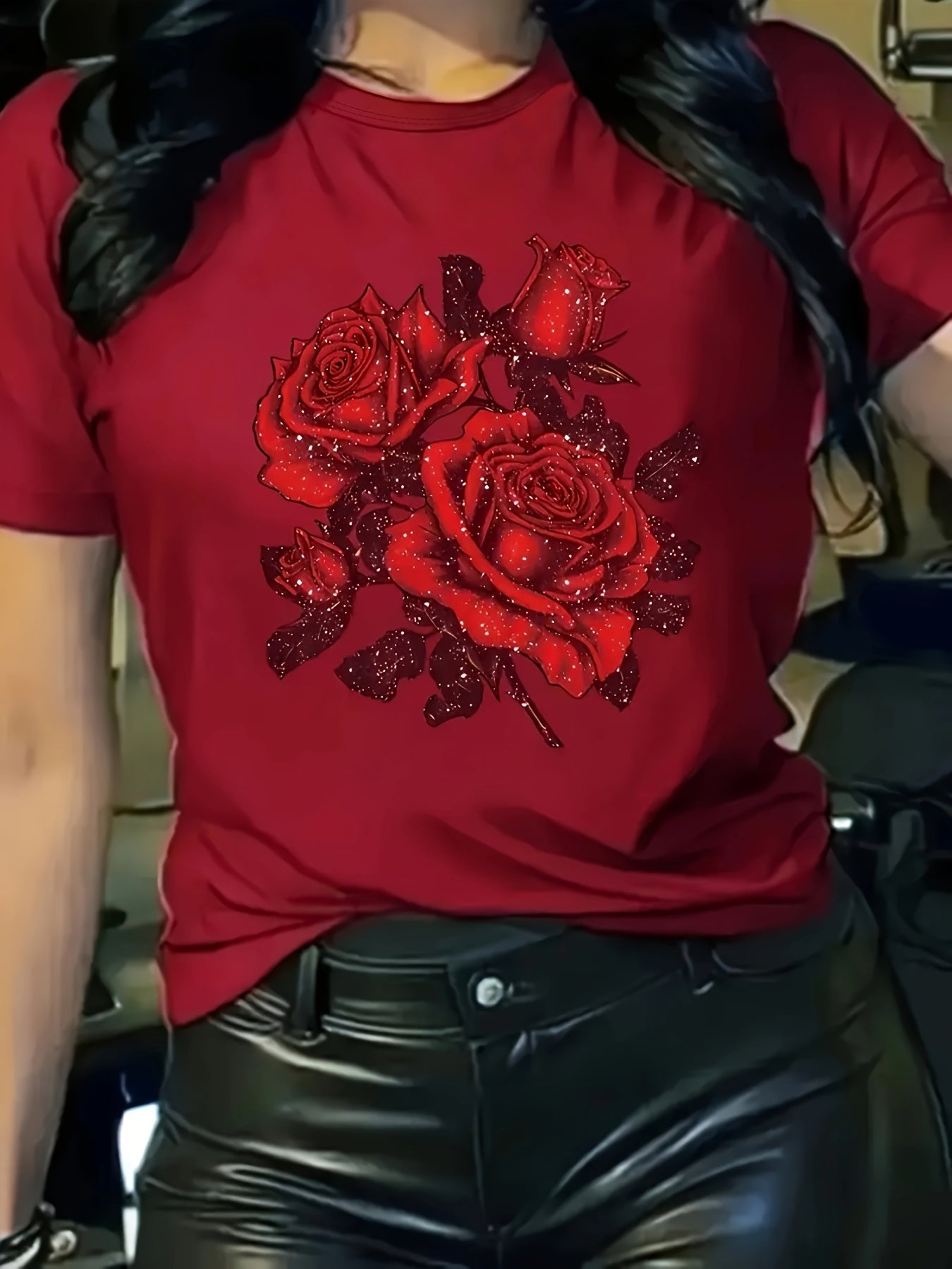 Women’s Red Floral Rose Print T-Shirt Casual Short Sleeve Polyester Spandex Top
