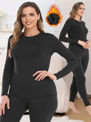 Women's Plus Size Thermal Lined Long Sleeve Base Layer Set Solid Color