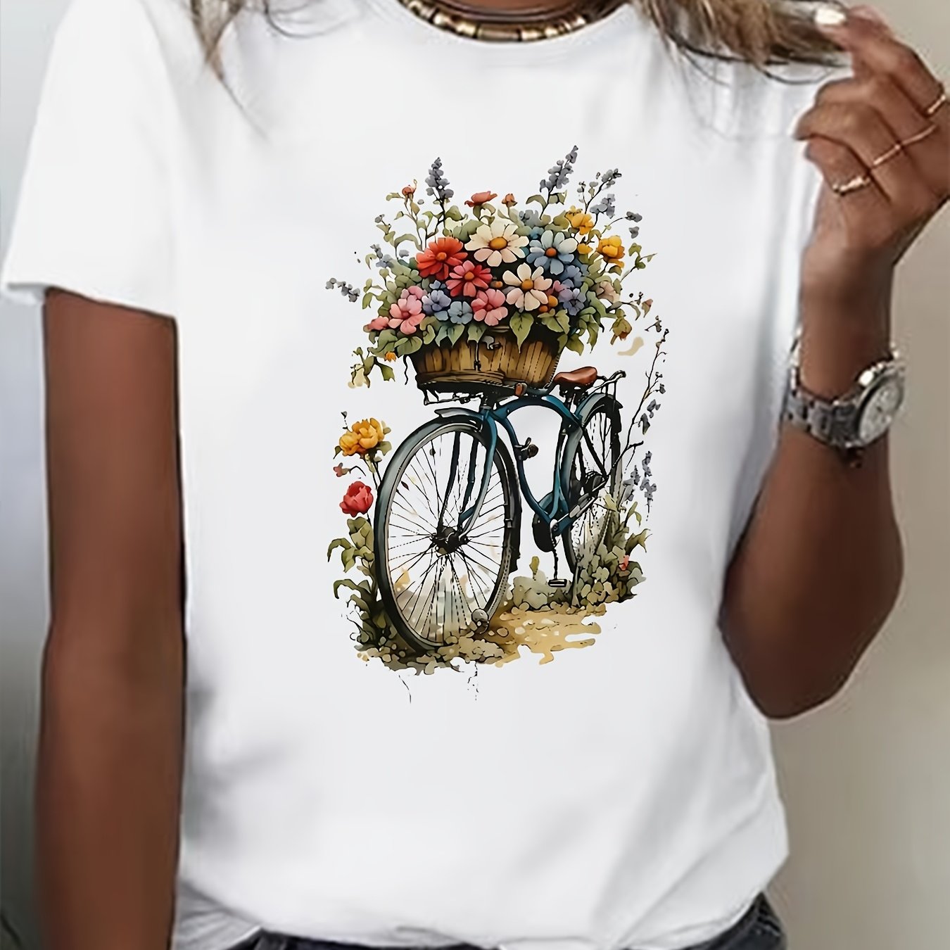 Women's Floral Bicycle Print Short Sleeve T-Shirt Casual Summer Top Polyester Blend
