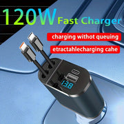120W Fast Retractable Type C Car Charger with Dual Cables and USB Port