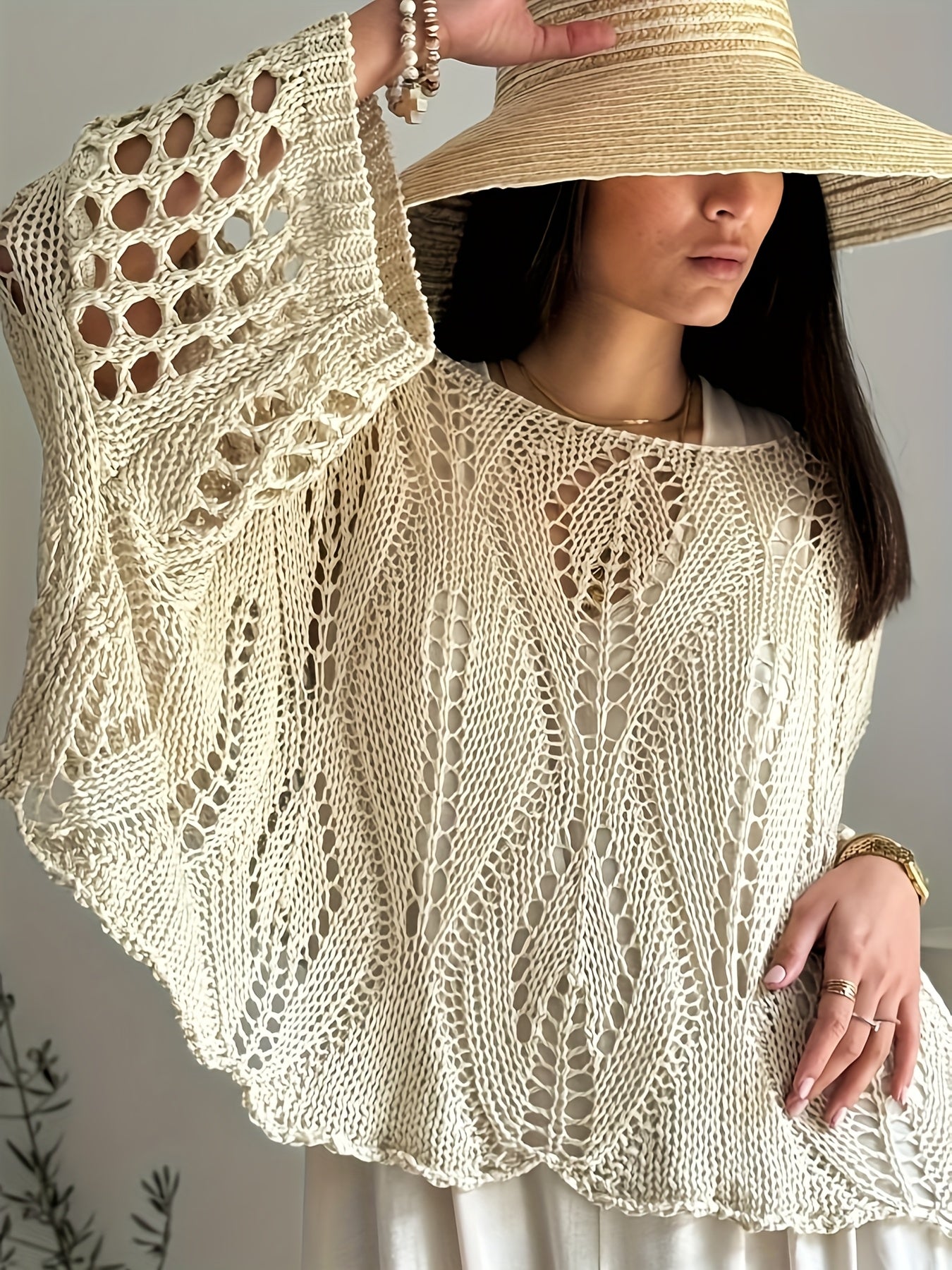 Plus Size Women's Casual Crochet Cover-Up Top with Sun Protection