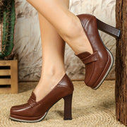 Women's Wood Grain Block Heel Pumps Round Toe Formal Shoes Black