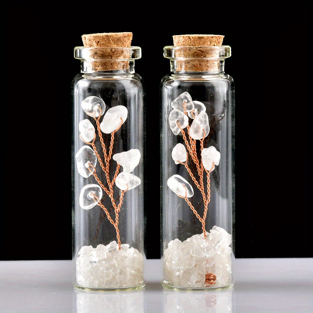 Botella de deseos de cristal con cristales naturales y árbol de la suerte para meditación y decoración