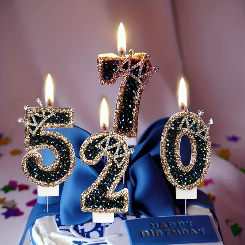 Large Birthday Cake Candles with Crown Metallic Powder Sparkling Number Candles for Kids and Weddings