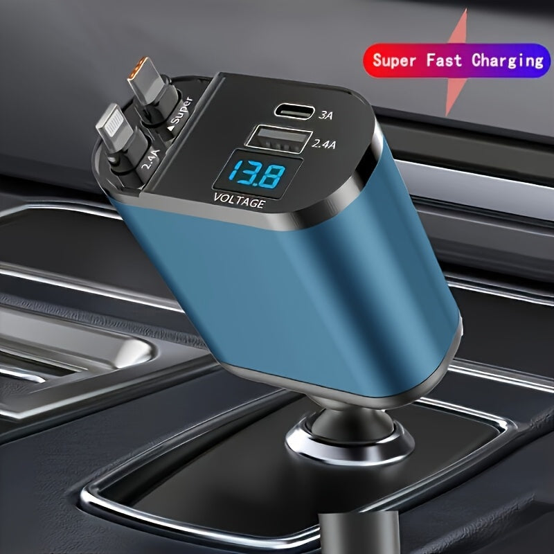 Compact Car Charger with Dual Retractable Cables and Dual USB Ports for iPhone Samsung Pixel