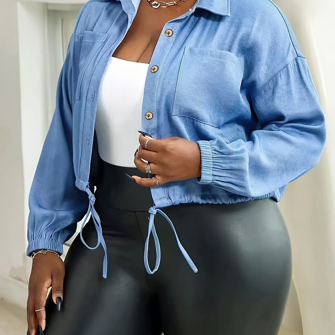 Plus Size Women's Denim Shirt with Drawstring Waist All-Season Casual Top