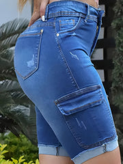 Pantalones cortos Bermuda de mezclilla azul de talla grande para mujer con cintura alta y bolsillos doblados