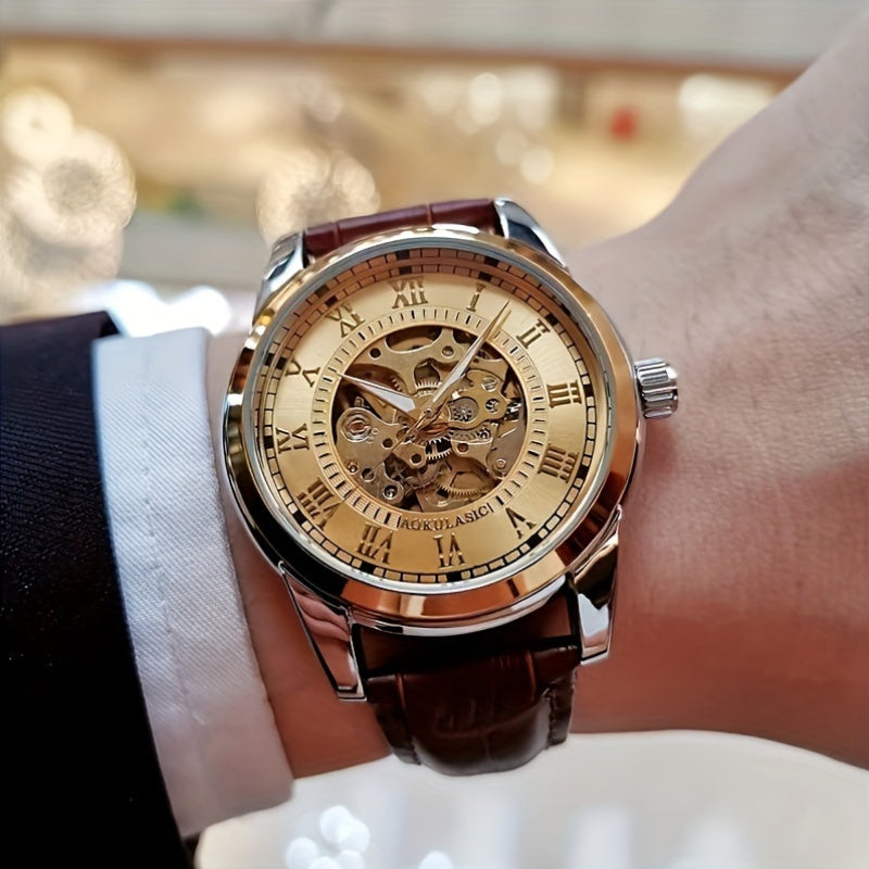 Men's Automatic Mechanical Watch Skeleton Design Brown Faux Leather Strap Casual Business Gift