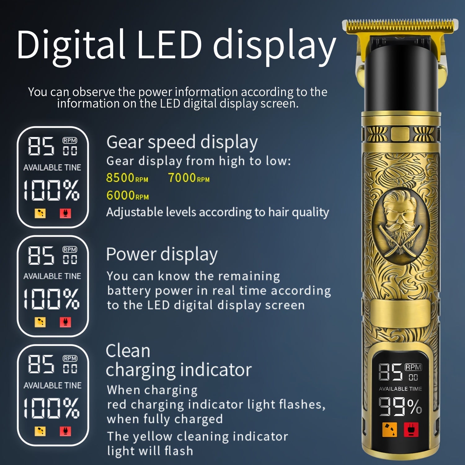 UOOGOU Professional USB qayta zaryadlanadigan soch kesish mashinalari erkaklar uchun, nol bo'shliqdagi T-pichoq, litiy batareya, soqol va yalang'och boshni uslublash uchun qo'llanma taroqlari.