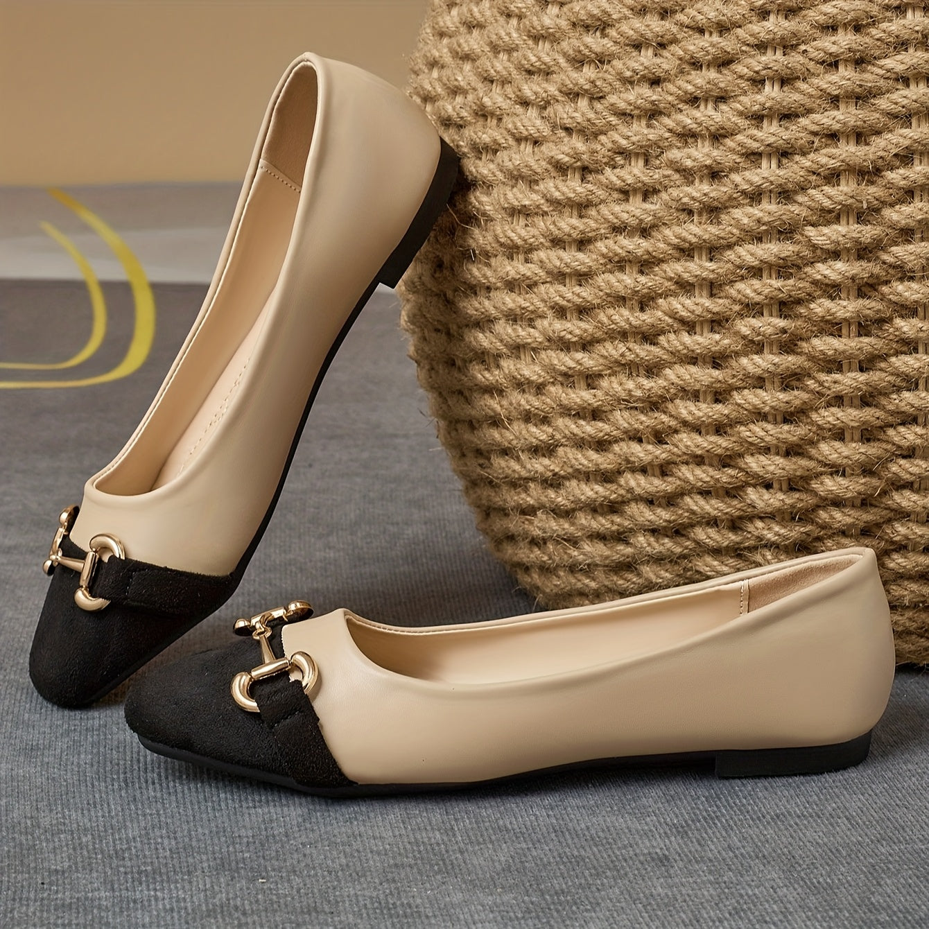 Women's Slip-On Flats Faux Cover Square Toe Loafers Two-Tone Beige Black