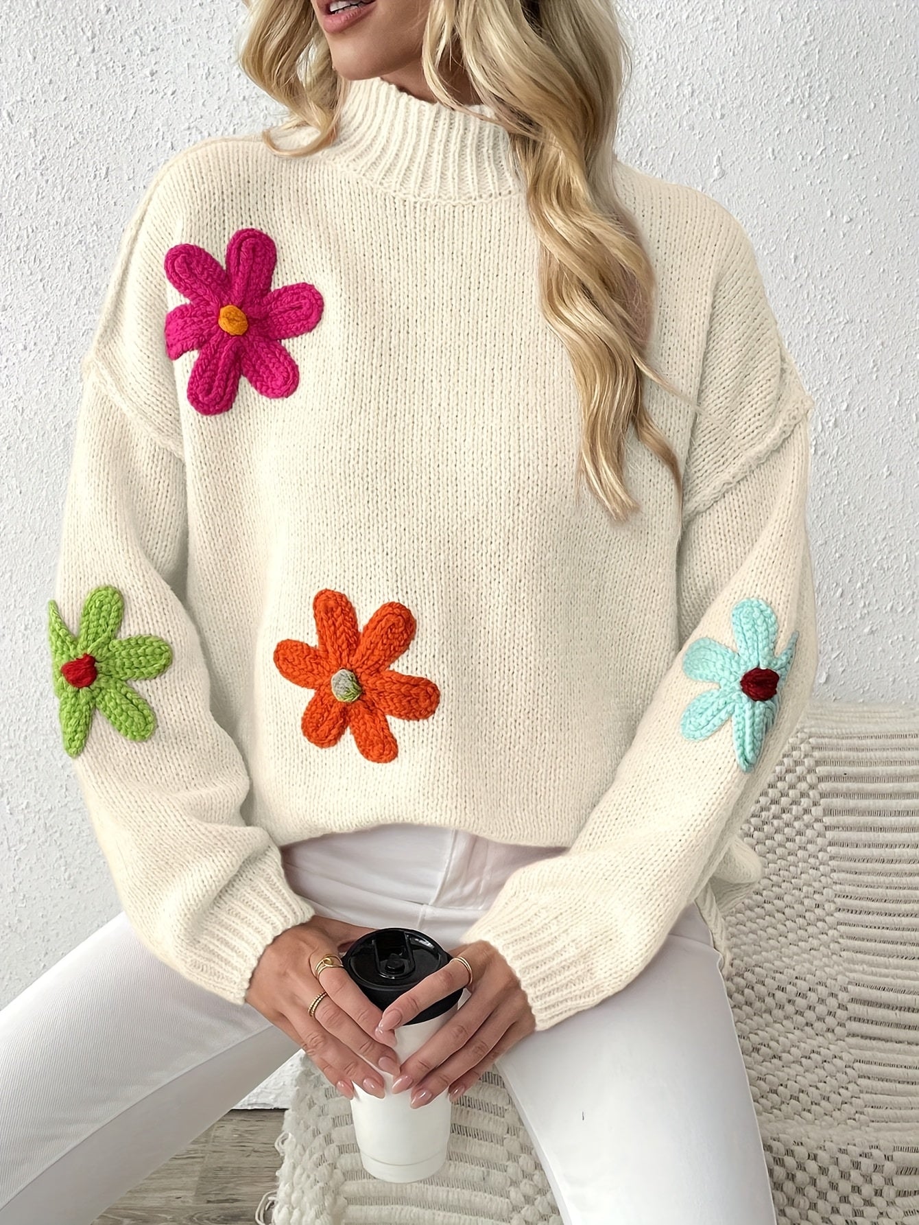 Plus Size Floral Applique Knit Sweater Casual Long Sleeve High Neck Top