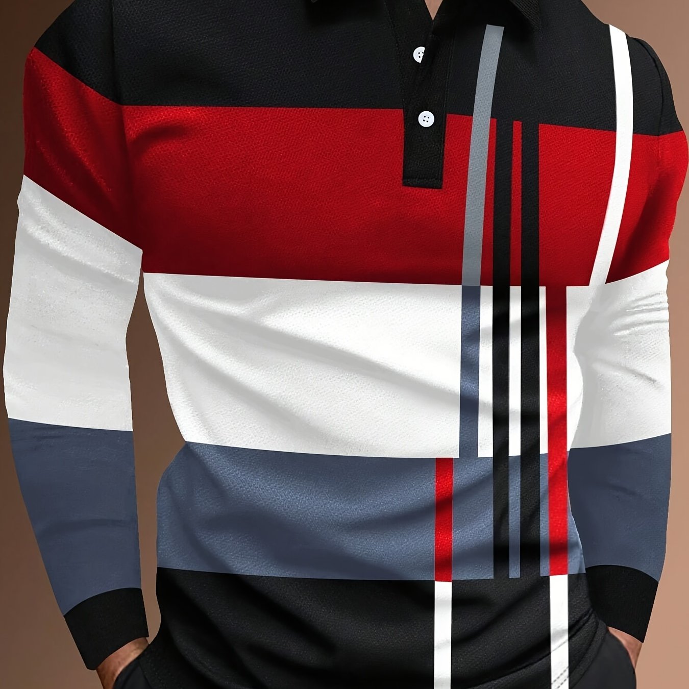 Erkaklar uchun rangli blokli chiziqli ko'ylak, golf va ochiq havoda faoliyatlar uchun mukammal, uzun yenglar va tugmachali yoqa bilan.