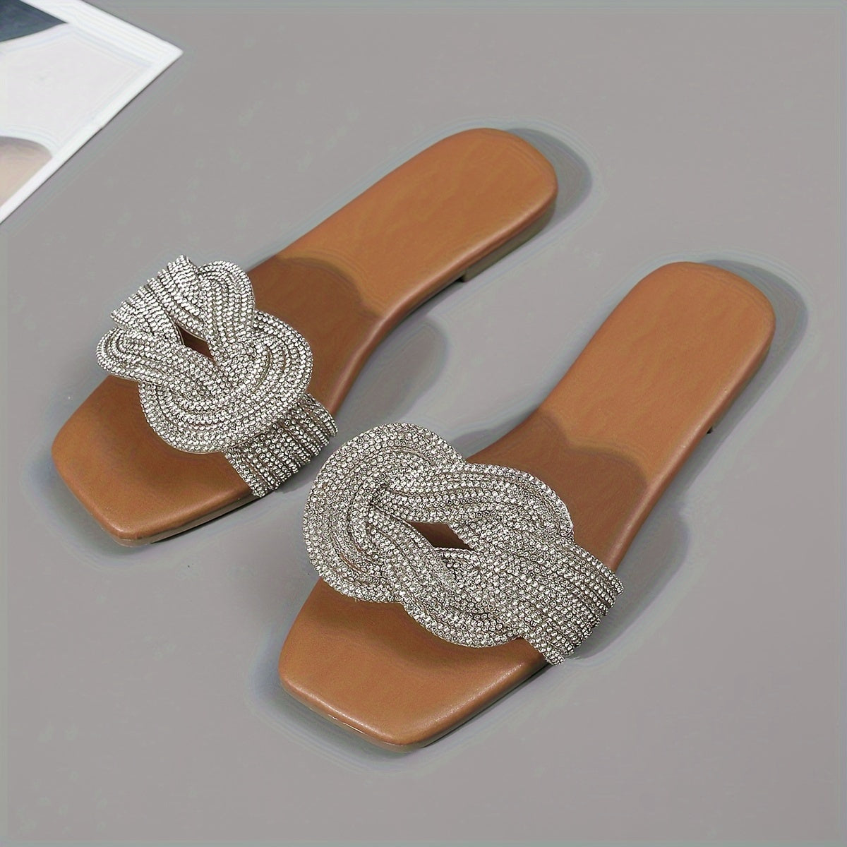 Women's Open-Toe Flat Sandals with Rhinestone Strappy Back Man-Made Materials