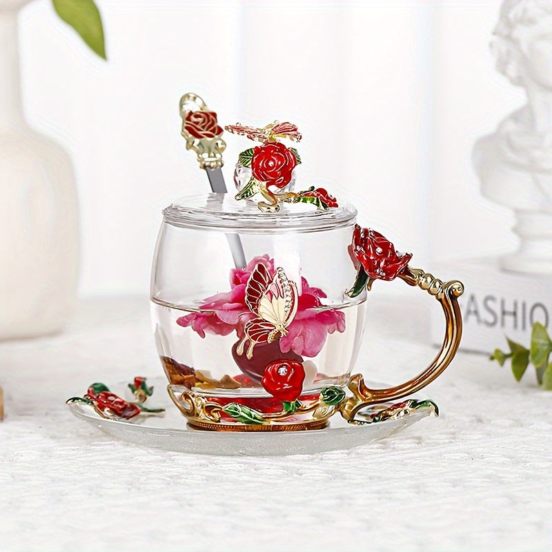 Enamel Crystal Tea Cup with Butterfly and Rose Design Heat Resistant for Coffee Water