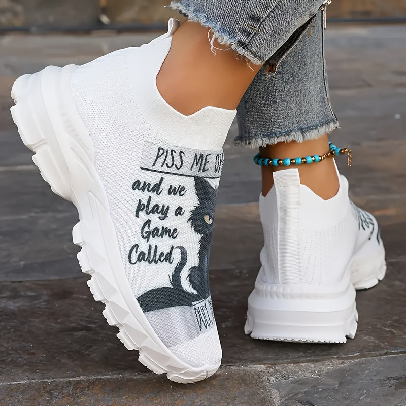 Women’s Cat Pattern Slip-On Sneakers Breathable Fabric Low Top Casual Shoes