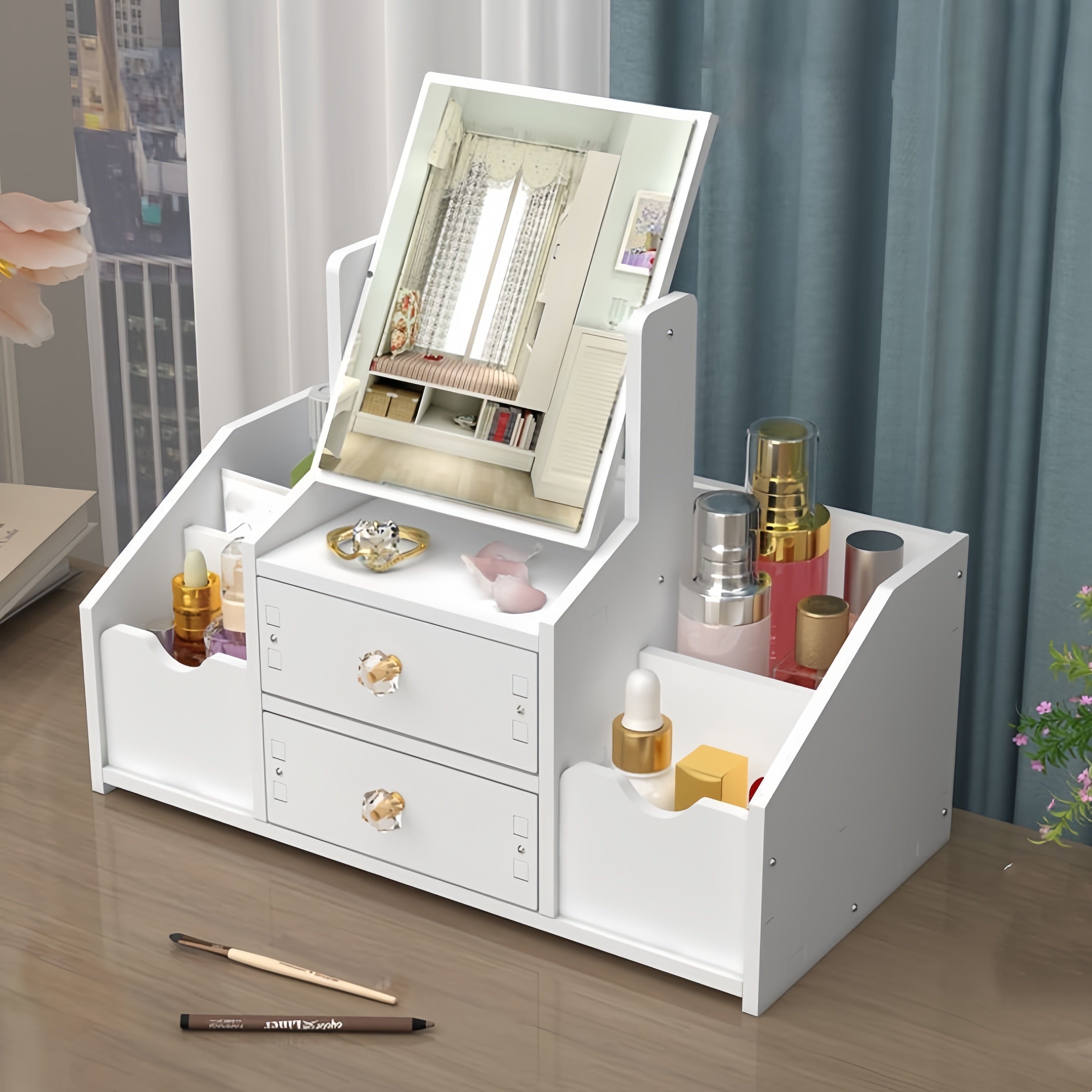 Countertop Makeup Organizer with Mirror Drawer Floral Design for Skincare and Phone Storage