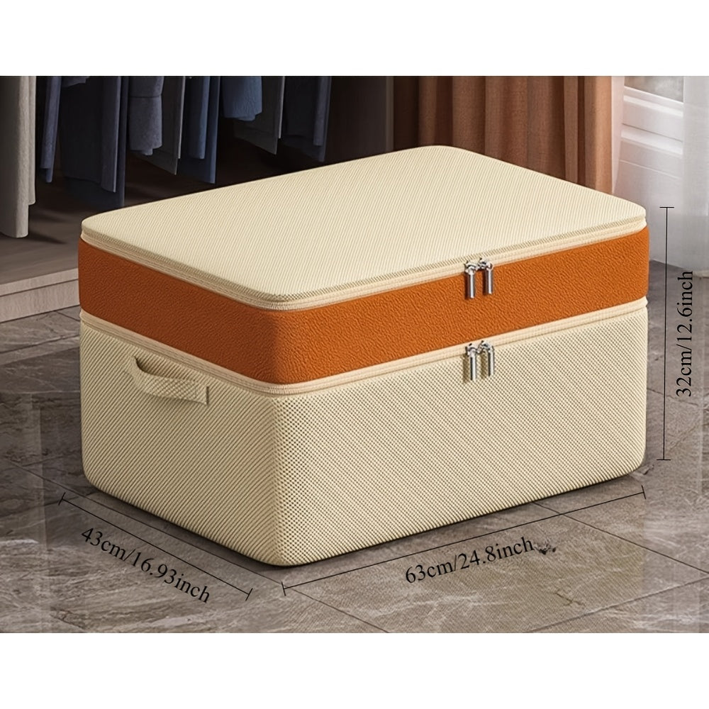 Katta sig'imli ikki qatlamli kiyim saqlash qutisi, apelsin va bej matoda, kir va aksessuarlarni tartibga solish uchun mukammal. To'rtburchak shakli, yostiq ostida saqlash uchun zip yopilishi.