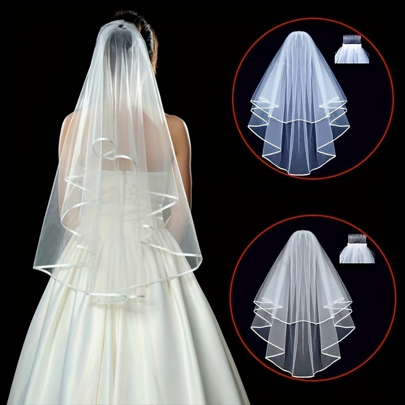 White Bridal Veil with 2 Layers of Ribbon Edge Wedding Accessories