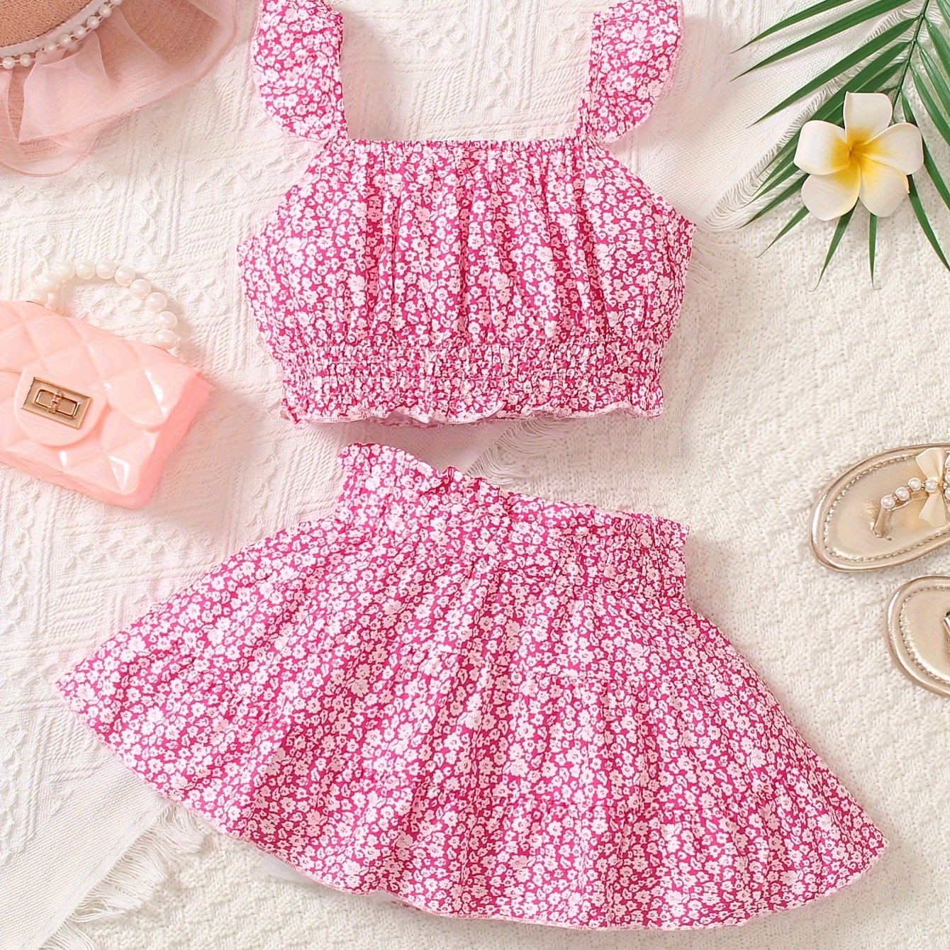 Floral Girls 2PCS, Yozgi Tashqi Ta'til uchun Crop Top + Yubka To'plami