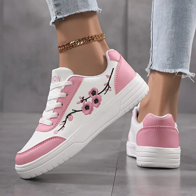 Women's Floral Embroidered Low-Top Sneakers White Pink Casual Breathable Fabric