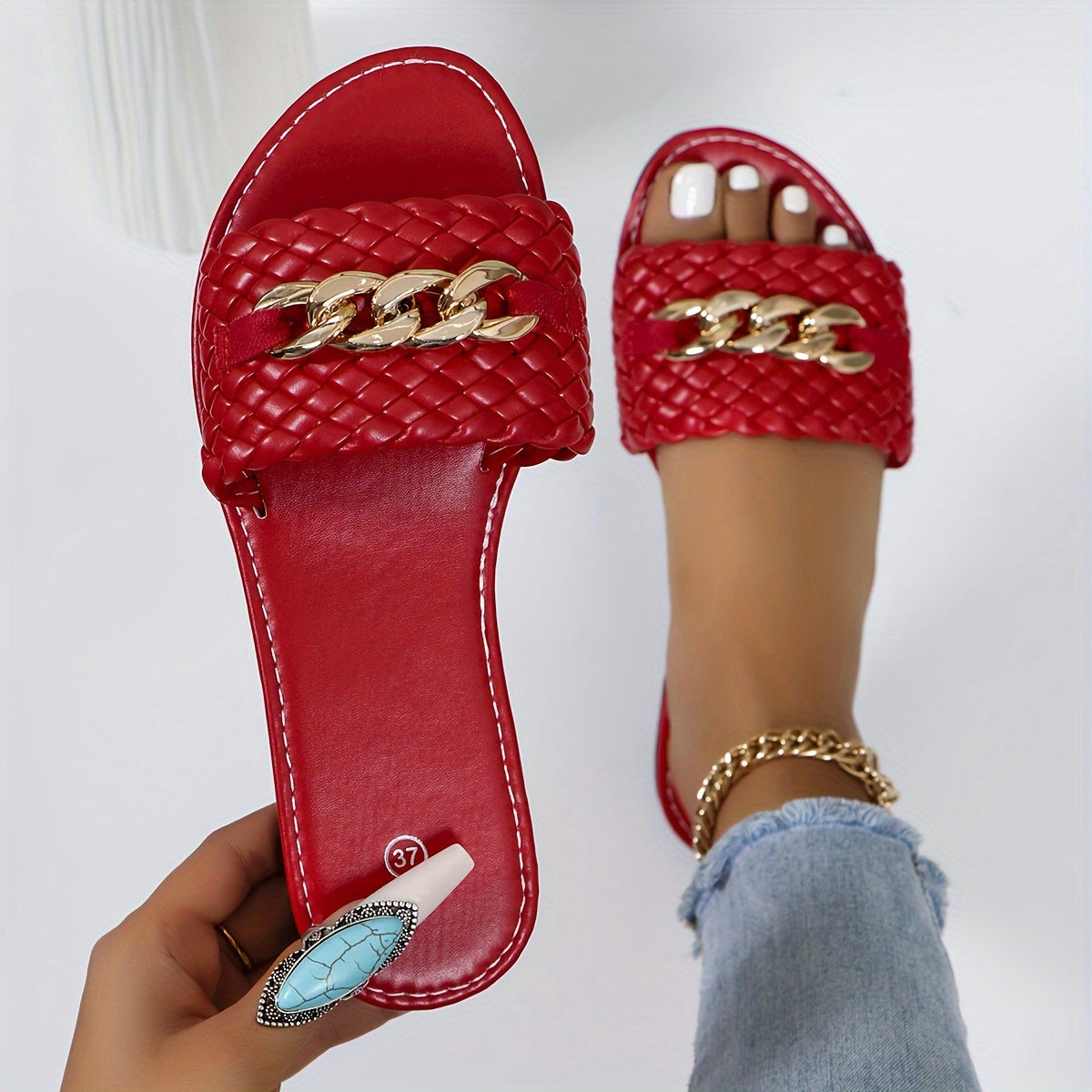 Women's Leather Slide Sandals With Chain Decor Open Toe Summer Flats