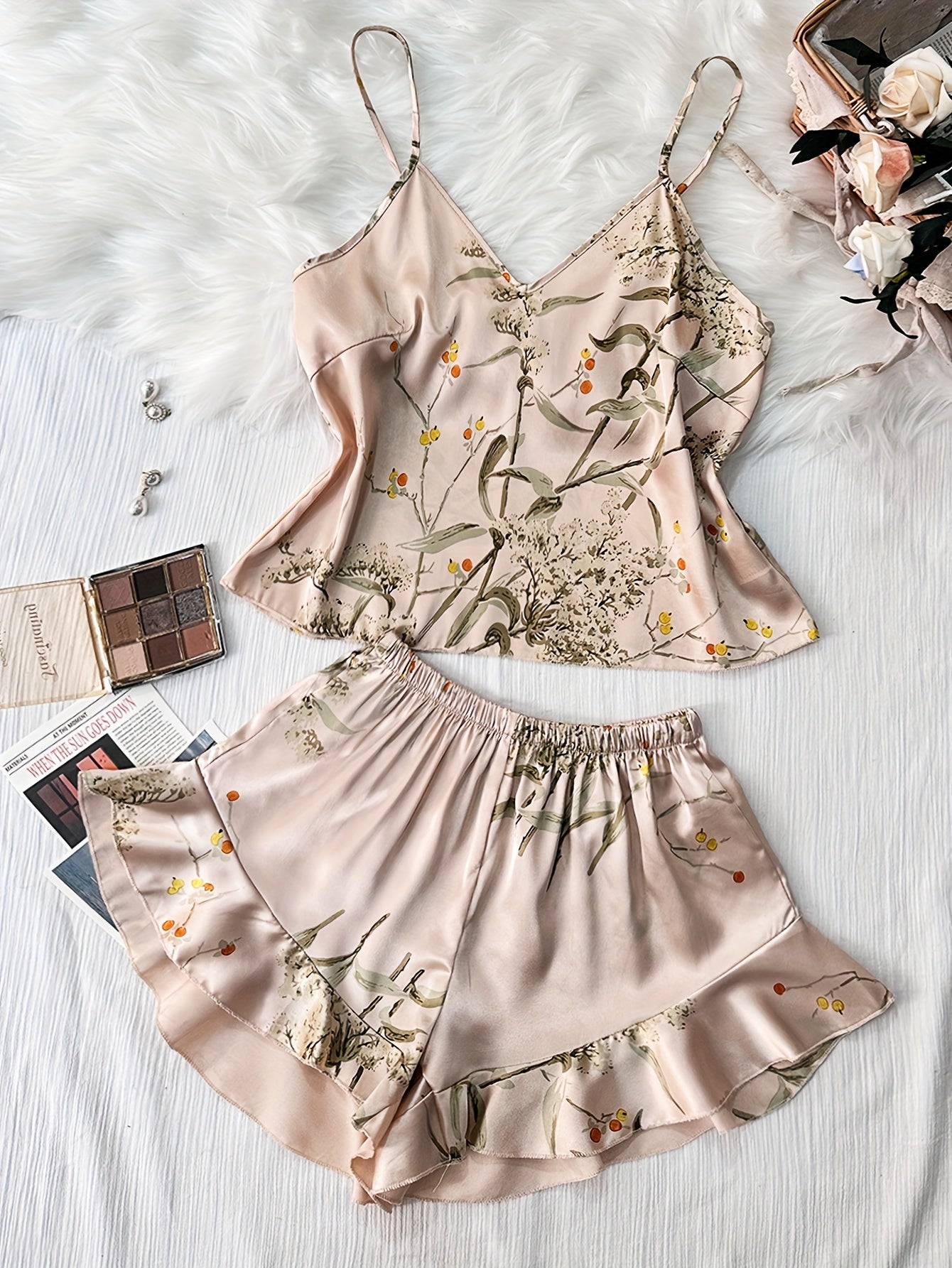 Women's Satin Sleepwear Set with V-Neck Camisole and Ruffle Hem Shorts