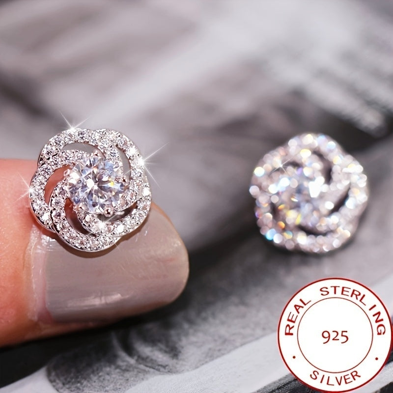 Sterling Silver Rose-Shaped Zirconia Stud Earrings for Women
