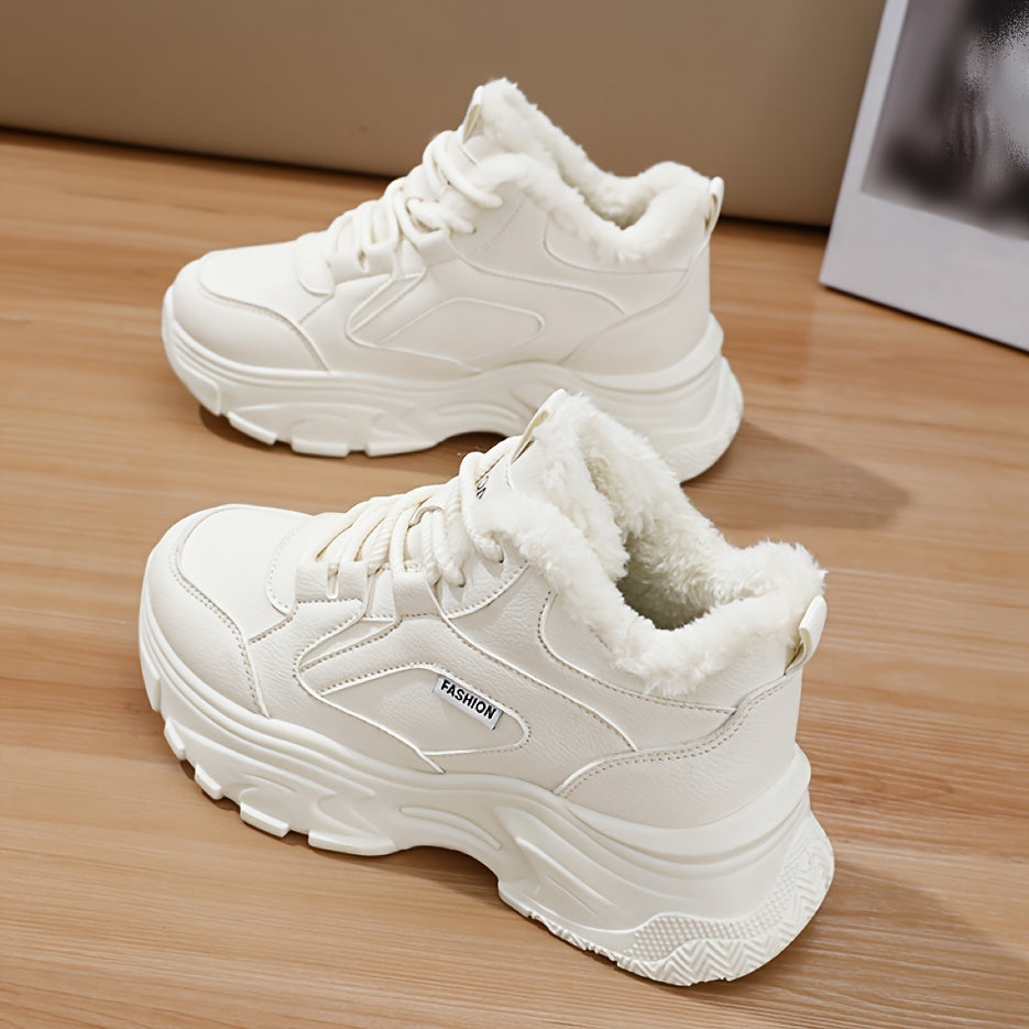 Women's Faux Fur Lined Mid-Top Sneakers with Rubber Sole for Cold Weather