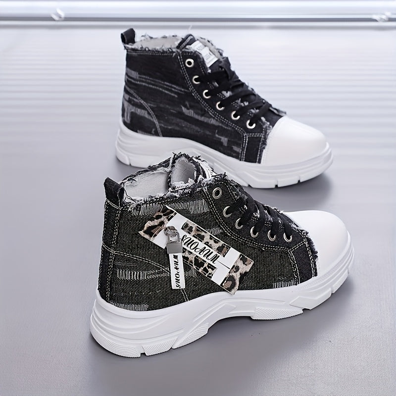 Women's Denim High-Top Sneakers with Zipper, Thick Sole, Comfortable Insole