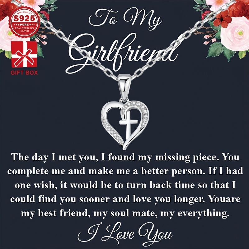 Sterling Silver Heart Cross Pendant Necklace with Synthetic Zirconia for Women