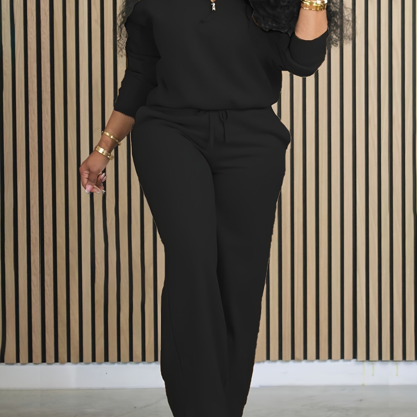 Women's Polyester Elastane Vacation Set Top and Bottom with Zipper and Stand Collar All-Season Casual Outfit