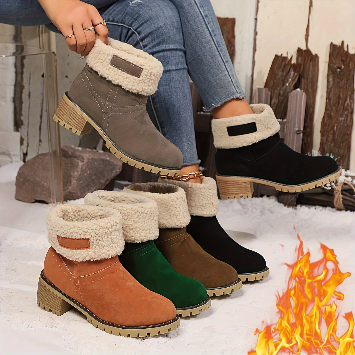 Women's Winter Slip-On Chunky Heel Snow Boots with Faux Fur Lining