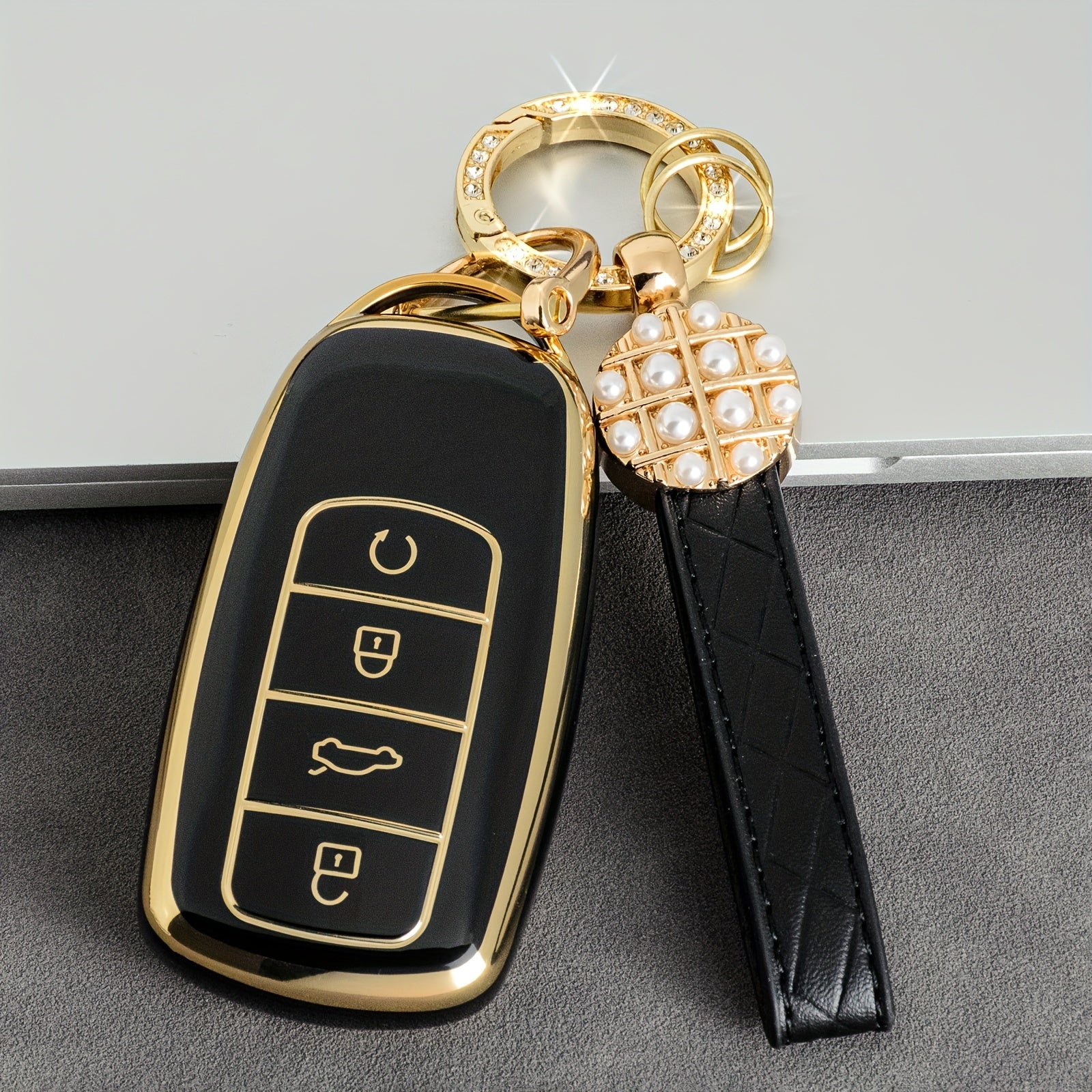 Leather Key Fob Protector with Bling Keychain for Car Key