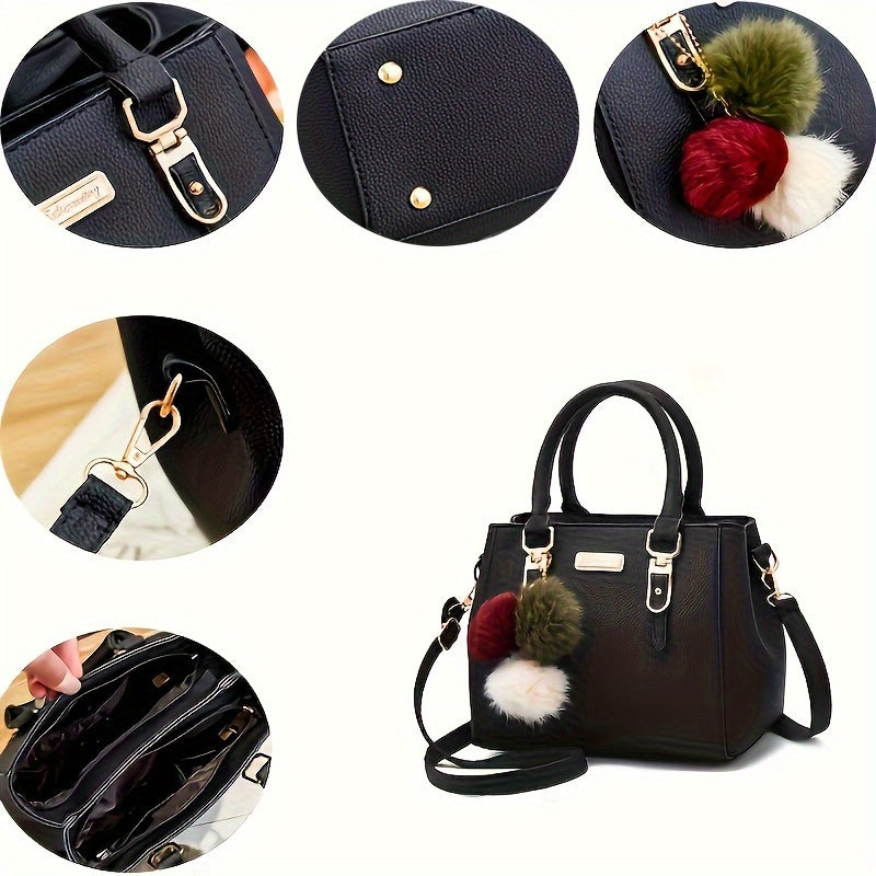 Black PU Handbag with Gold Hardware and Ball Charm for Women Crossbody Shoulder Bag for Travel Casual Use