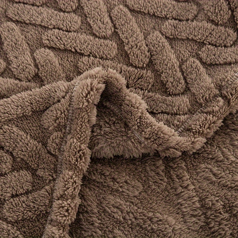 Double-Sided Plush Fleece Throw Blanket Brown Knitted Polyester Jacquard All-Season