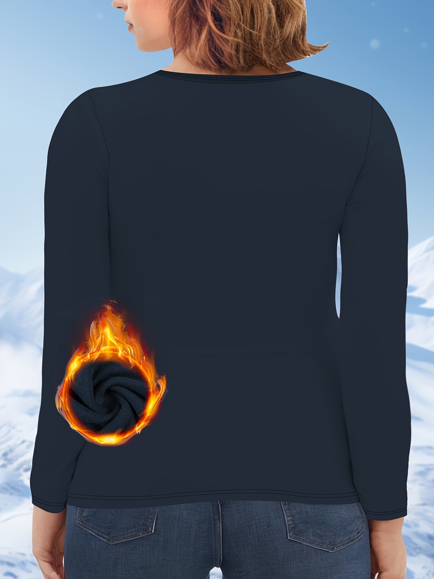 Plus Size Women's Wool-Lined Brushed Long Sleeve Thermal Top Solid Warm Underwear