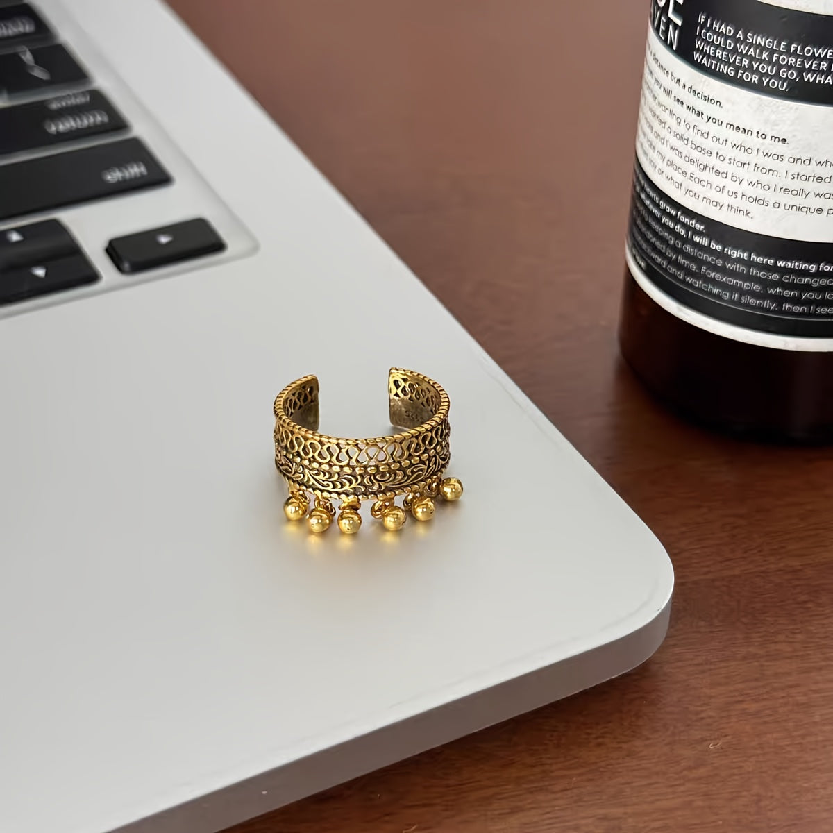 Copper Adjustable Cuff Ring with Rose Gold Plating Filigree Open Design Charms Tassels for Women