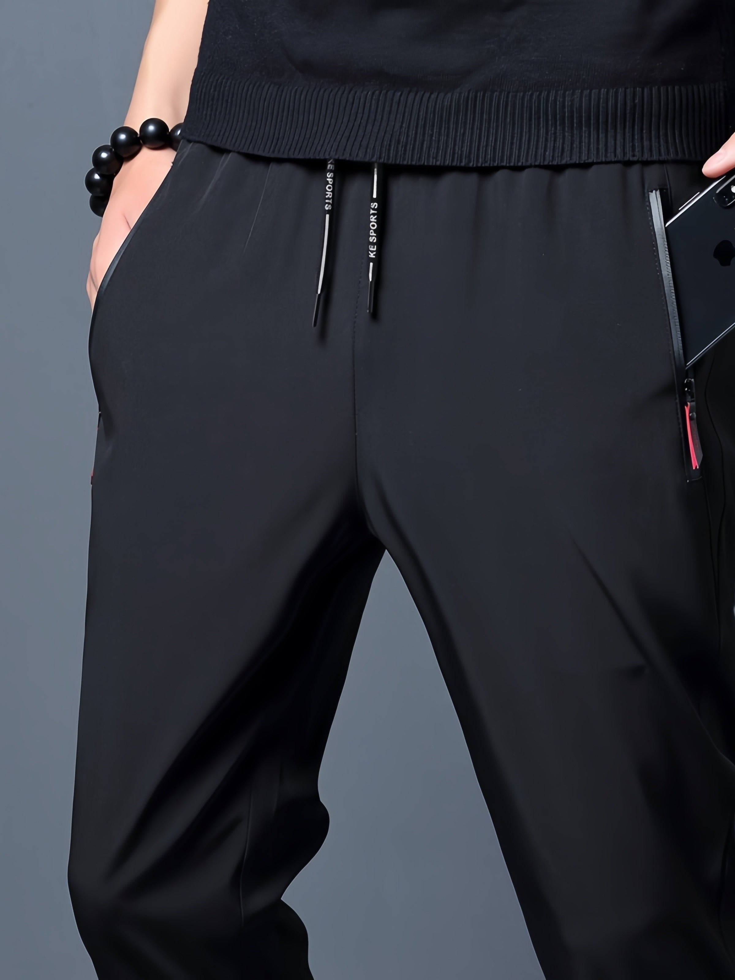 Men's Casual Solid Polyester Pants with Zipper Pockets Drawstring Barrel Trousers for Outdoor Activities